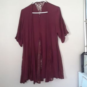 Burgundy boho style kimono with lace detailing